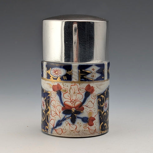 1893 British Antique Silver Lid Imari Pattern Ceramic Bottle Jar by Saunders & Shepherd