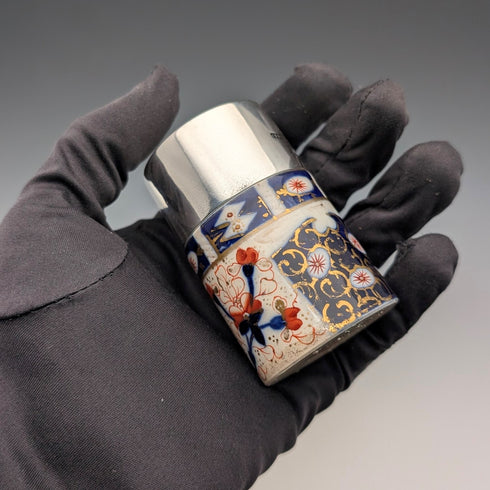 1893 British Antique Silver Lid Imari Pattern Ceramic Bottle Jar by Saunders & Shepherd