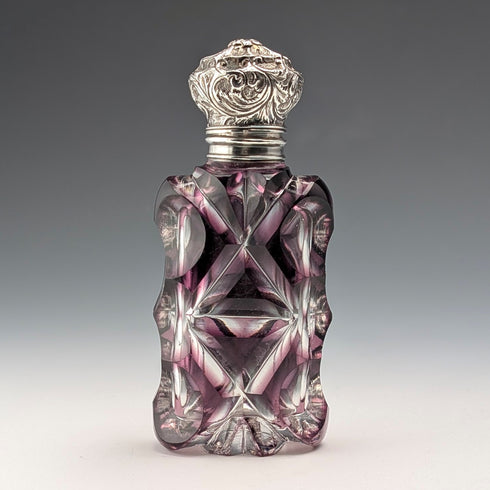 Antique British 800 Silver Lid Purple Cut Glass Portable Perfume Bottle