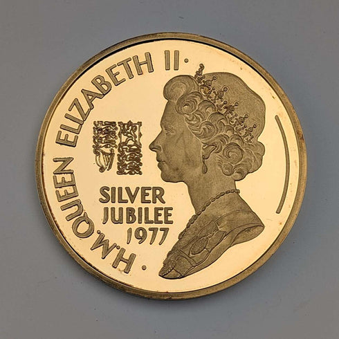 1977年 英国エリザベス2世女王 シルバージュビリー 純銀&金メッキメダル Birmingham&Mint ケーツ付