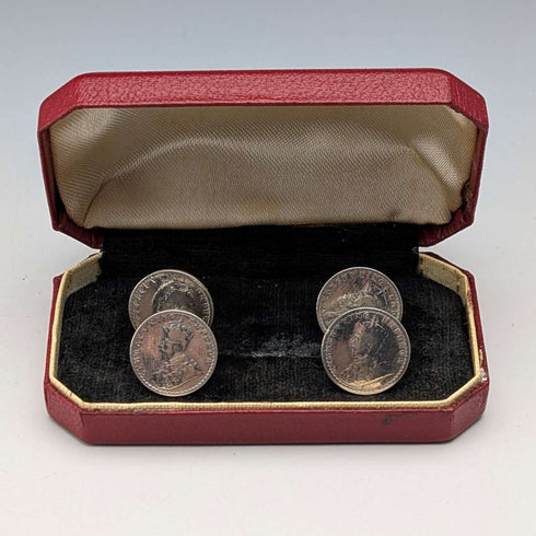 British Vintage Antique Silver Coin Shirt Stud Buttons, Set of 4, in Case