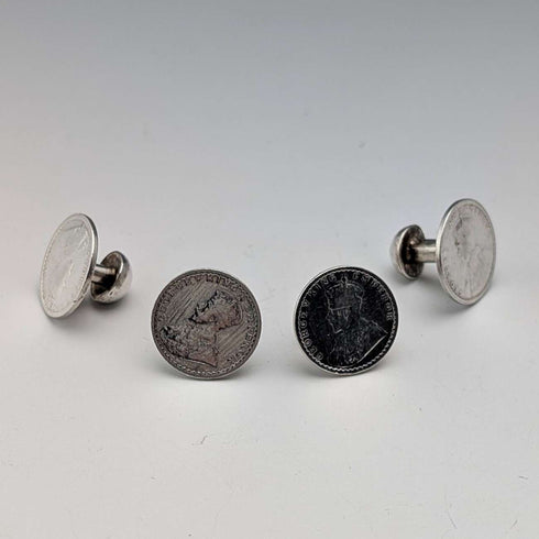British Vintage Antique Silver Coin Shirt Stud Buttons, Set of 4, in Case