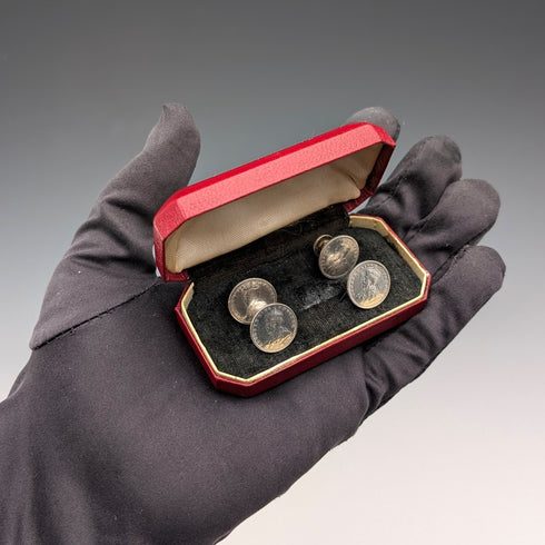 英国ヴィンテージ アンティーク銀貨アレンジ シャツスタッズボタン 4個セット ケース入