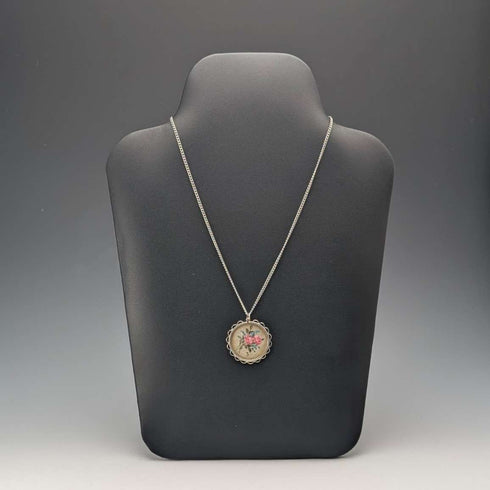 Vintage sterling silver hand-painted rose pendant with necklace