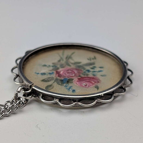 Vintage sterling silver hand-painted rose pendant with necklace