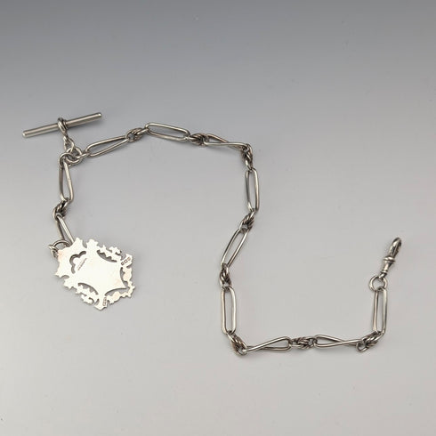 1894年頃 英国アンティーク ファンシーリンク 純銀製アルバートチェーン 44g 純銀メダルフォブ