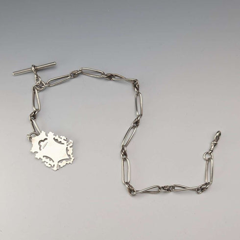 Circa 1894 British Antique Fancy Link Sterling Silver Albert Chain, 44g, Sterling Silver Medal Fob