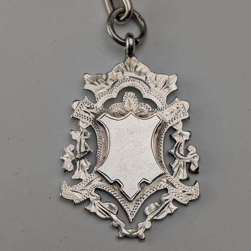 Circa 1894 British Antique Fancy Link Sterling Silver Albert Chain, 44g, Sterling Silver Medal Fob