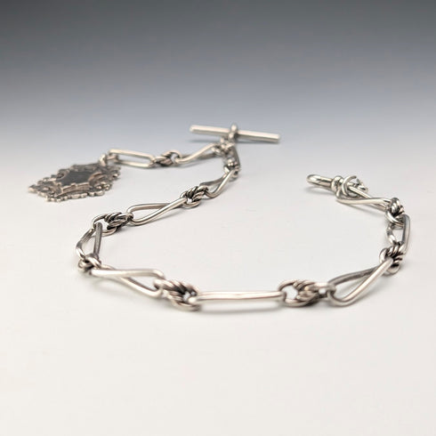 1894年頃 英国アンティーク ファンシーリンク 純銀製アルバートチェーン 44g 純銀メダルフォブ