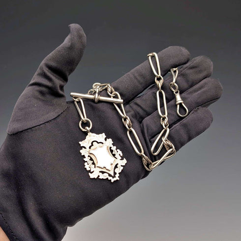 Circa 1894 British Antique Fancy Link Sterling Silver Albert Chain, 44g, Sterling Silver Medal Fob