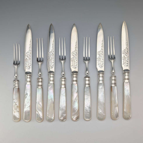 Late 19th Century British Antique Mother-of-Pearl Handle Tea Cutlery (5 Pairs) by Christopher Johnson