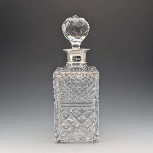 1983 British Vintage Cut Glass Square Decanter with Sterling Silver Decoration, Garrard & Co.