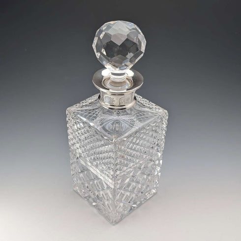 1983 British Vintage Cut Glass Square Decanter with Sterling Silver Decoration, Garrard & Co.