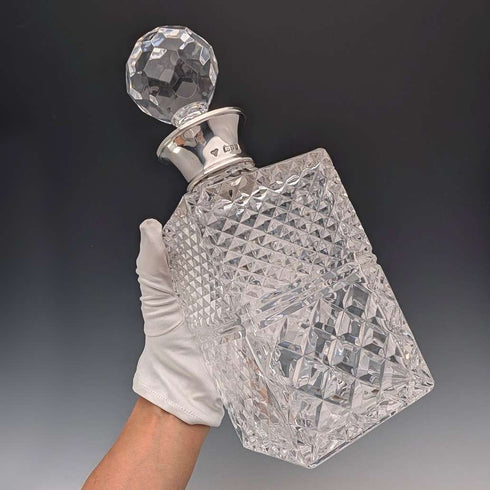 1983 British Vintage Cut Glass Square Decanter with Sterling Silver Decoration, Garrard & Co.