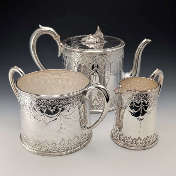 British antique Victorian silver plated drum teapot 3-piece set WILLIAM HOWE