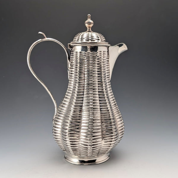 Antique British silver plate water jug decorated with woven rattan pattern