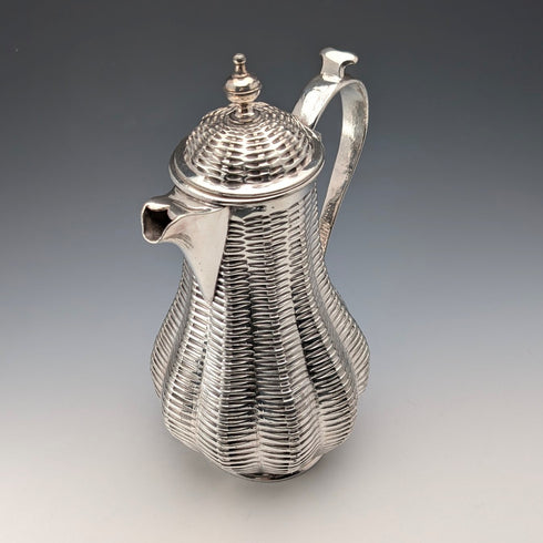 Antique British silver plate water jug decorated with woven rattan pattern