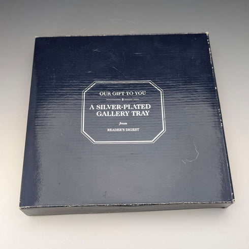 Vintage British silver-plated gallery tray, 23cm diameter, Reader's Digest, boxed