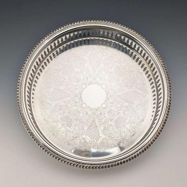 Vintage British silver-plated gallery tray, 23cm diameter, Reader's Digest, boxed