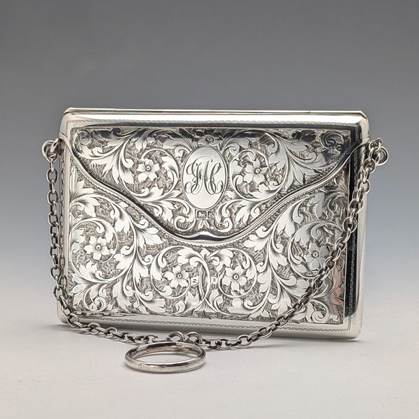1907 British Antique Sterling Silver Card Case with Chain, 89g, Colen Hewer, Cheshire