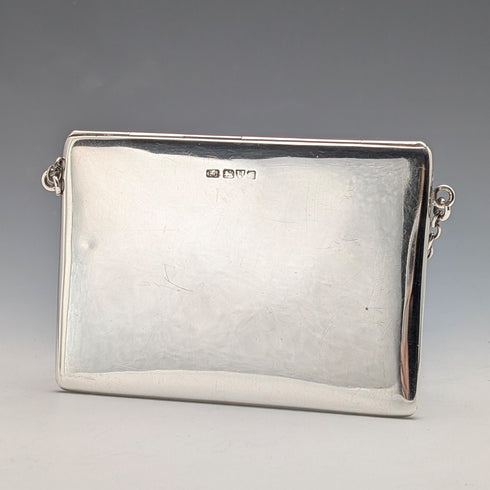 1907 British Antique Sterling Silver Card Case with Chain, 89g, Colen Hewer, Cheshire
