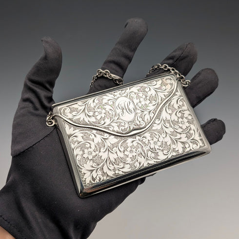 1907 British Antique Sterling Silver Card Case with Chain, 89g, Colen Hewer, Cheshire