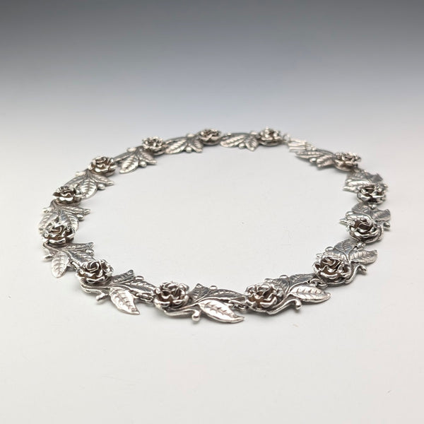 ヴィンテージ 純銀製 ローズフラワーチェーン ネックレス43cm 65g