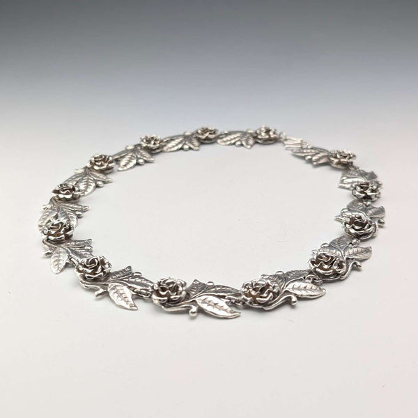 Vintage Sterling Silver Rose Flower Chain Necklace, 43cm, 65g