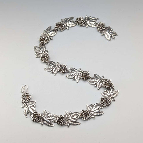 Vintage Sterling Silver Rose Flower Chain Necklace, 43cm, 65g