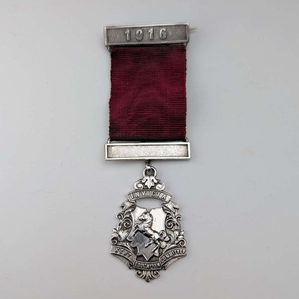 1915 British Antique Sterling Silver Perfect Attendance Award School Medal, Vaughton & Son