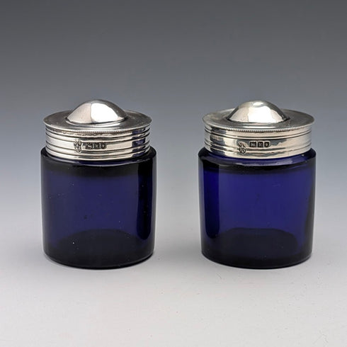 1905 Antique British Silver Lid & Cobalt Glass Inkwell Pair, CS Harris & Sons Ltd.