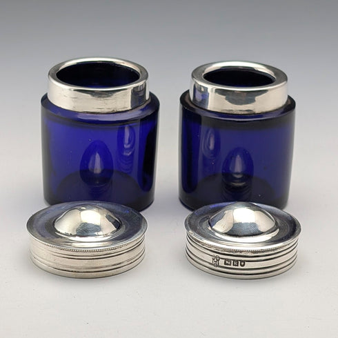 1905 Antique British Silver Lid & Cobalt Glass Inkwell Pair, CS Harris & Sons Ltd.