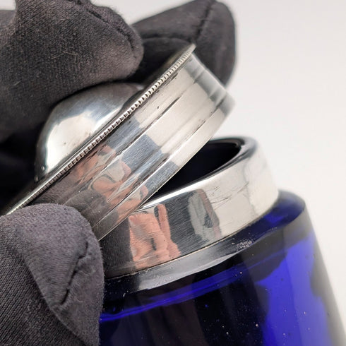 1905 Antique British Silver Lid & Cobalt Glass Inkwell Pair, CS Harris & Sons Ltd.