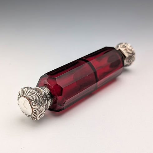 英國古董 800銀蓋 紅寶石紅玻璃 雙頭 攜帶用香水瓶