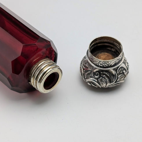 英國古董 800銀蓋 紅寶石紅玻璃 雙頭 攜帶用香水瓶