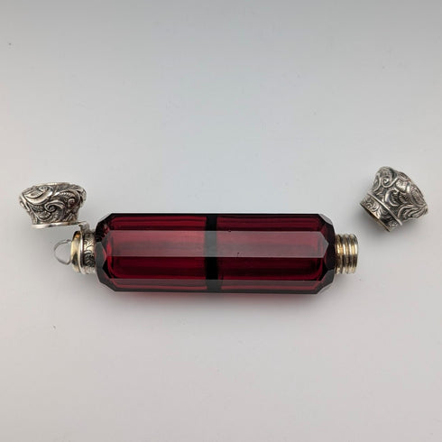 英國古董 800銀蓋 紅寶石紅玻璃 雙頭 攜帶用香水瓶