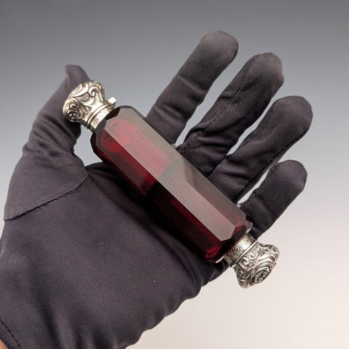 英國古董 800銀蓋 紅寶石紅玻璃 雙頭 攜帶用香水瓶