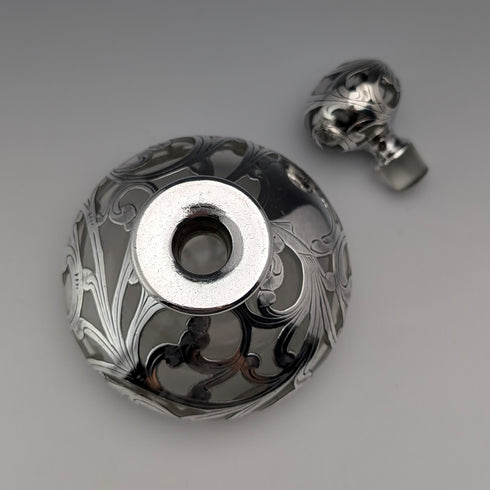 Vintage American Art Nouveau Silver Overlay Glass Perfume Bottle