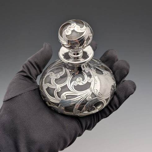 Vintage American Art Nouveau Silver Overlay Glass Perfume Bottle