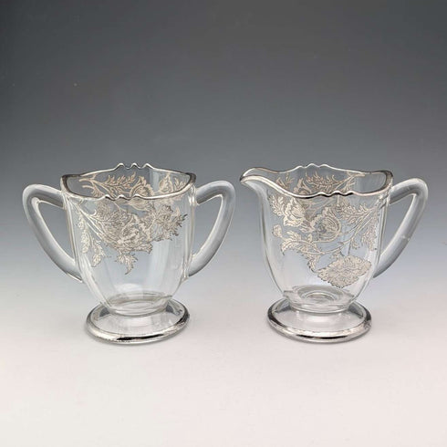 米国ヴィンテージ シルバーオーバーレイ シュガーボウル&クリームジャグ Silver City Glass Co