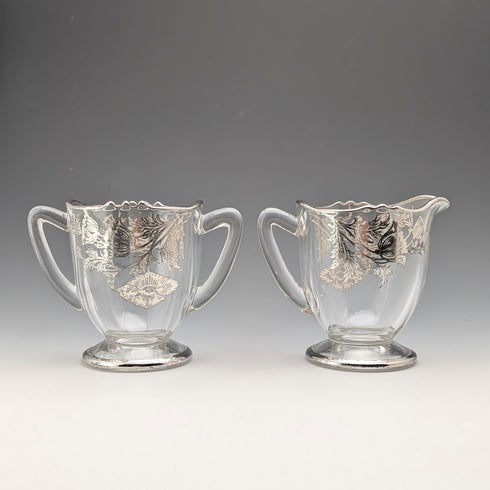 Vintage US Silver Overlay Sugar Bowl & Cream Jug, Silver City Glass Co.