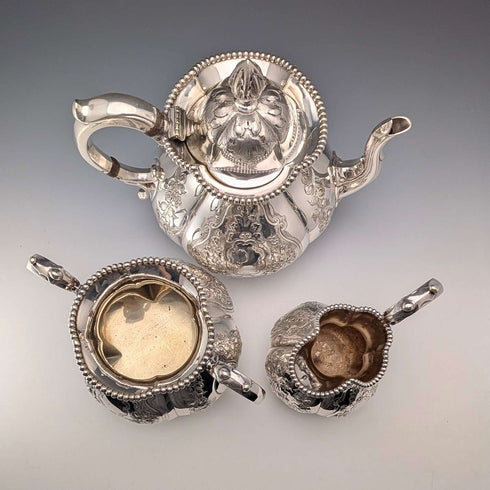 1863 British Antique Silver Plate Tea Set, 3-Piece Set, Thomas Bradbury