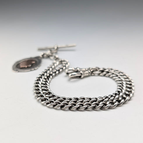 1911年 英国アンティーク 純銀製ダブルアルバートチェーン 40g 純銀メダルフォブ