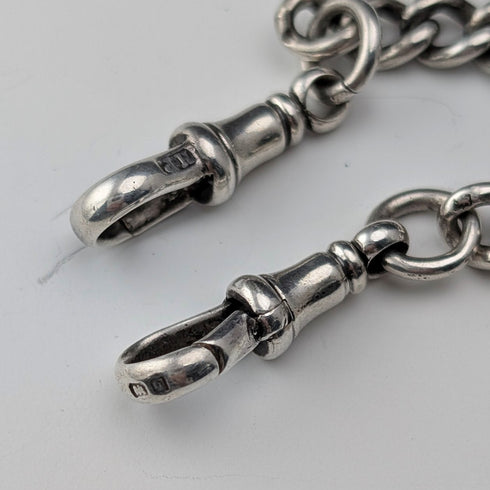 1911年 英国アンティーク 純銀製ダブルアルバートチェーン 40g 純銀メダルフォブ