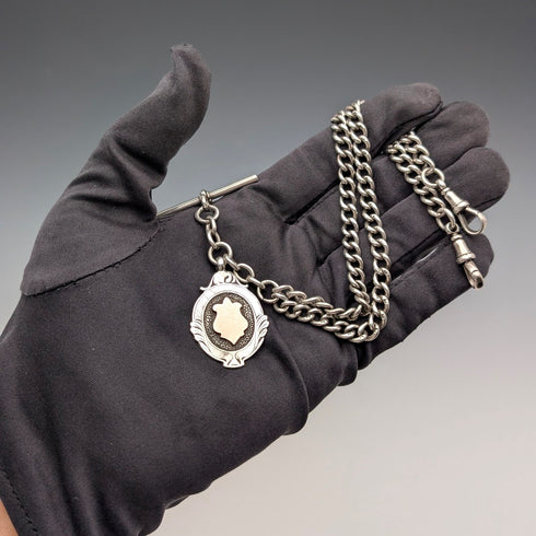 1911年 英国アンティーク 純銀製ダブルアルバートチェーン 40g 純銀メダルフォブ