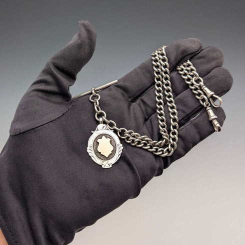 1911年 英国アンティーク 純銀製ダブルアルバートチェーン 40g 純銀メダルフォブ