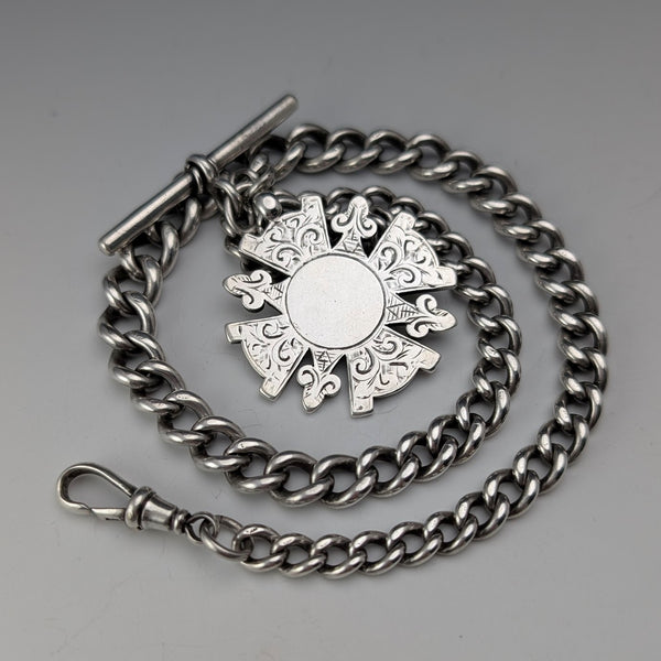 1894年 英国アンティーク 純銀製アルバートチェーン 60g  純銀メダルフォブ