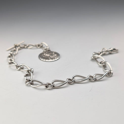 1888年 英国アンティーク 純銀製アルバートチェーン ファンシーリンク 42g  聖クリストファー純銀メダルフォブ