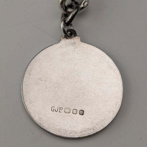 1888年 英国アンティーク 純銀製アルバートチェーン ファンシーリンク 42g  聖クリストファー純銀メダルフォブ