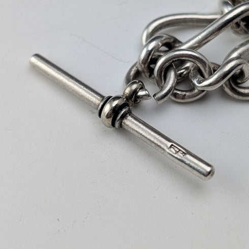 1888年 英国アンティーク 純銀製アルバートチェーン ファンシーリンク 42g  聖クリストファー純銀メダルフォブ